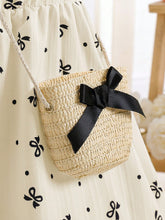 Girls Cute Bow Print Lantern Sleeve Mini Dress With Waist Tie, Paired With 3D Bow Straw Crossbody Bag, Casual Vacation, Party Wear, Summer